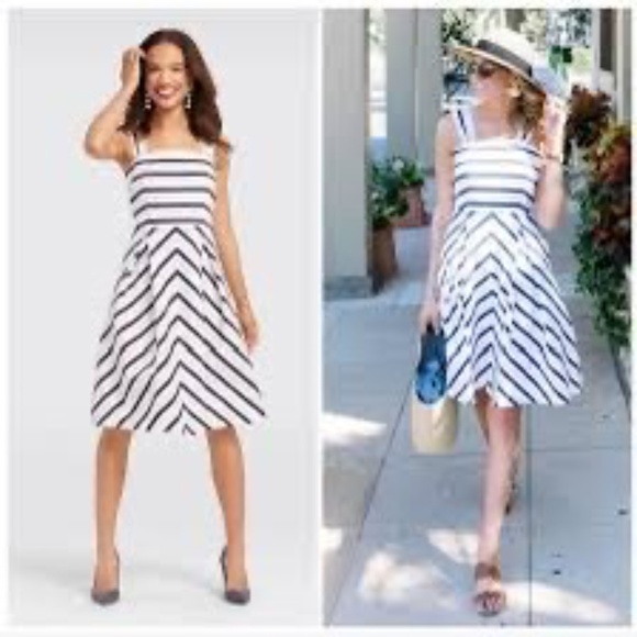 Draper James Navy White Striped Fit & Flare Sundress Size 0 Cotton Summer Dress - Picture 1 of 7